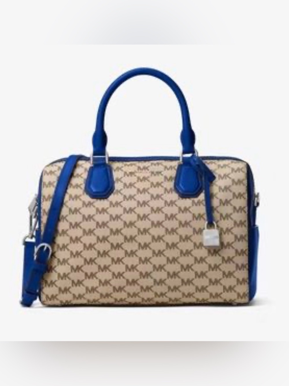 Michael Kors Beige MK Monogram Satchel with Blue Trim